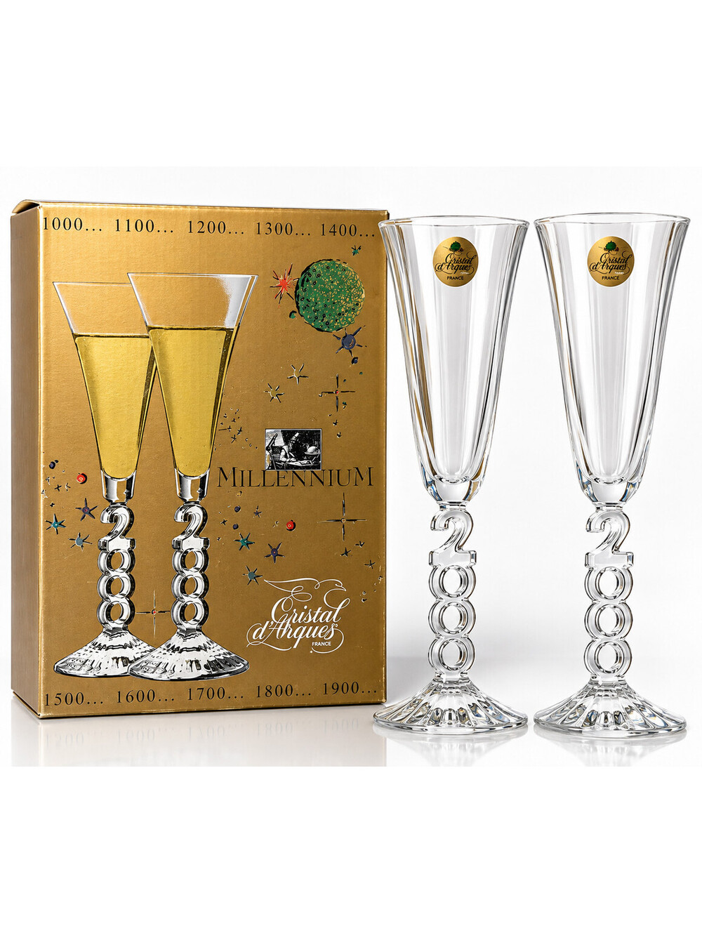 Vintage Cristal D’Arques Millennium 2000 Champagne Flutes Glasses Set of 2 NIB